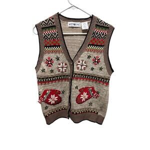 White Stag Embroidered Sweater Vest Womens Vintage Fair Isle Floral Button Front